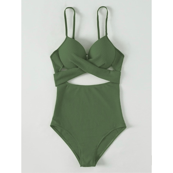 Cut out Wrap army green one piece swimsuit Size Small - Picture 2 of 8